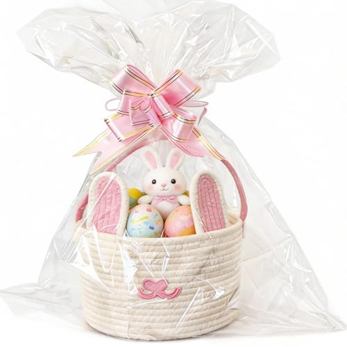 Woven Easter Basket with Handle, Empty Bunny Gift Basket for Boy Girl Baby Easter Egg Hunt (Pink-White)