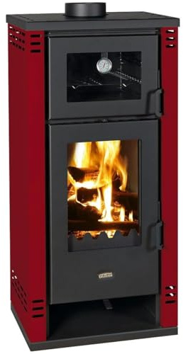 Prity K2 GT F Holzofen mit Backofen | 8,1 kW Heizung | Bordeaux | Glaskeramikkochfeld | Boiler Option | CE Zertifiziert | Designer Herd