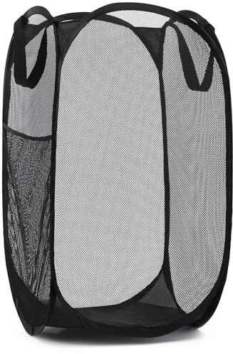Handy Laundry Collapsible Mesh Pop Up Hamper with Wide Opening and Side Pocket - Breathable, Sturdy, Foldable, and Space-Saving Design for Clothes and Storage (Black)
