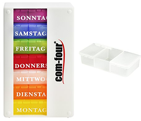 com-four® Medikamentendosierer 7 Tage - Medikamenten-Box (Morgens, Mittags, Abends) - Pillendose - Tablettendose - Wochendosierer + Pillendose mit 3 Fächern (01 Stück - weiß mit Zubehör)
