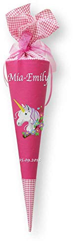 Schultüte aus Stoff 70 cm Einhorn Einhornkopf mit Namen Einschulungsdatum bestickt rot rosa grau dunkelblau, Farbe:pink