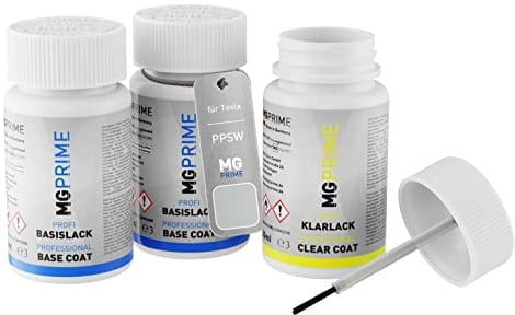 MG PRIME Autolack Lackstift Set für Tesla PPSW White Water Pearl/Pearl White Multi-Coat Grundlack Basislack Klarlack je 50ml