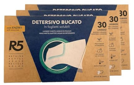 R5, Detersivo Bucato in Foglietti Solubili, 90 Lavaggi, Detersivo in Fogli con Enzimi per Lavatrice o Lavaggi a Mano, per Capi Bianchi e Colorati, Profumo Fiori di Lino, Eco-Formato