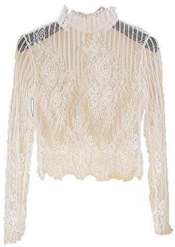 YEKEYI Camicetta a maniche lunghe in pizzo con colletto falso staccabile colletto finto mezza camicetta colletto finto collari, bianco, S