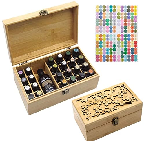 Bamboo Storage Box for Aromatherapy Essential Oil - Wooden Box for 25 Bottles - Ideal Organizer for Travel and Presentation #A