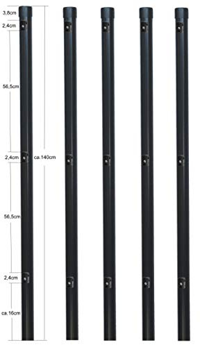 5 Stück Zaunpfosten Ø 34 mm für 1,2 Meter hohe Metallzaun Anlage in grau anthrazit aus Maschendraht. Pfosten Zaun Pfahl mit Kappe und 3 montierte Spanndrahthalter.