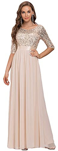 Ever-Pretty Robe de Soirée Femme Longue Empire à Paillettes Élastique Mousseline Fluide Nude 48