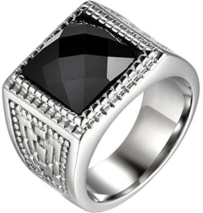 JewelryWe Schmuck Siegelring Herren-Ring Edelstahl Glas Stein Vintage Quadrat Viking Ringe Bandring mit Gravur, Silber Schwarz, Größe 70