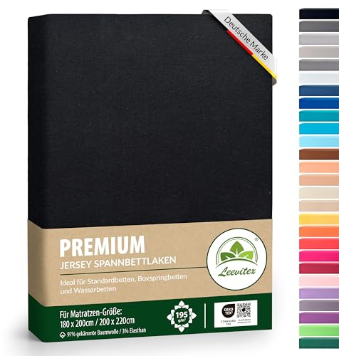Premium Spannbettlaken, extra schwer und dick, 97% Mako-Jersey-Baumwolle und 3% Elasthan, auch Boxspringbett geeignet, 180 x 200-200 x 220 cm, Schwarz