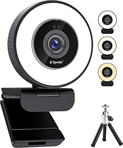 Spedal 4k Webcam mit verstellbarem Ringlicht und Stativ, Autofokus Streaming Webkamera mit Sichtschutzabdeckung, HD Webcam für PC Mac Zoom Skype Facetime Twitch