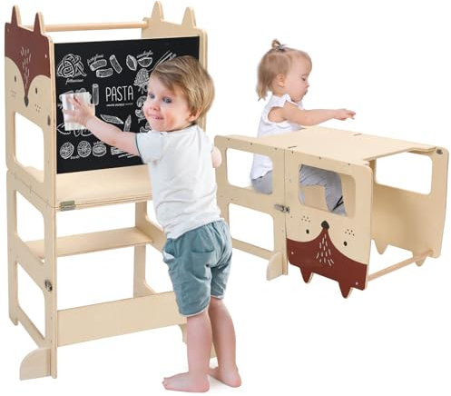 Kids Step Stool, Kitchen Stool, Aid for Toddlers, Wooden Learning Standing Tower with Chalkboard, Foldable Toddler Table and Chair Set, 2 in 1 Helper Standing Tower with Message Boards for 18 Months