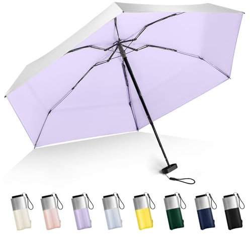 LEAGERA Mini parapluie pour sac à main – Parapluie anti-UV UPF 50+, petit parapluie de voyage léger et compact, parasol pour femmes et enfants, parasol argenté et violet