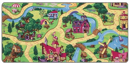 Primaflor Spielteppich Candy Town – 140x200 cm | Märchenhafter Straßenteppich | Made in EU | Kinderteppich mit Straßen für Mädchen | für Fußbodenheizung | Kurzflor Teppich für Kinderzimmer