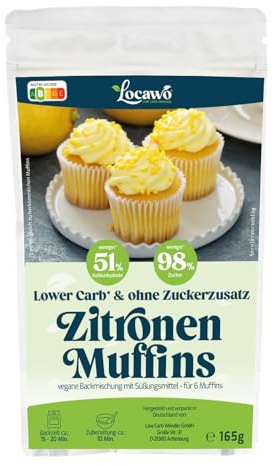 Locawo Low Carb Zitronen Muffins Backmischung | 81% weniger Kohlenhydrate | 96% mehr Proteine | Voller Weizengeschmack | Vegan
