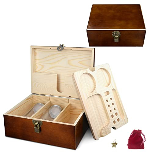 ShineeKee Holz Aufbewahrungsbox Geruchsdicht Mit Rolltablett für Kräuter und Zubehör - Premium Akazie Set Mit Verriegelung (Braun)