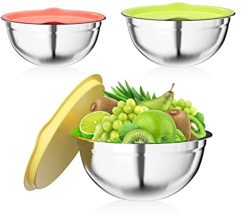 Newpop 3 piezas Cuencos para mezclar, ensaladera de acero inoxidable con colores tapa hermética, 2.5L/2L/1.4L bol cocina son apilables y aptos para lavavajillas, boles Ahorra Espacio, plata