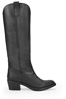 BOSANOVA Botas Cowboy de caña Alta confeccionadas en Piel con Ligero tacón de Madera y de Goma de 5 centímetros. con Forro de Piel. Calzado para Mujer Negro 37