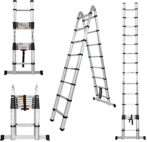 Bowose 5M Aluminium Teleskop Ausziehleiter 2-in-1 A-Frame Leiter oder gerade Leiter, 8+8 Stufen einstellbare Höhe, Klappleiter A-Shape Leiter, zusammengeklappt Höhe 92,5cm, Last 150kg, 5M(2,5m+2,5m)