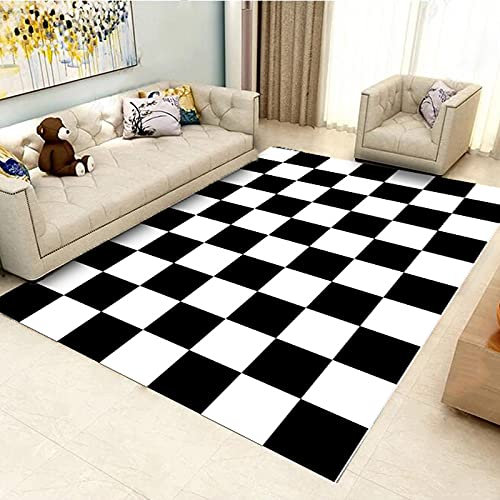 MERVOS Tapis 3D à Carreaux Noir et Blanc Simple pour la Maison, Le Salon, Le canapé, la Chambre à Coucher, Le Bureau, Le Tapis de Sol.