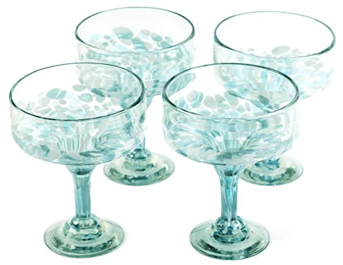 16 oz Hand Blown Mexican Margarita Glasses Set of 4 - Ocean Blue Confetti - MEXICAN GLASSWARE