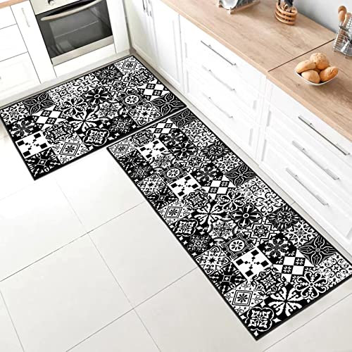 SHUAIG Lot de 2 Tapis de Cuisine antidérapant,Lavable Tapis de Cuisine avec Autocollants antidérapants pour Cuisine, Couloir, Chambre à Coucher, Salle de Bain(Style B, 43x75 + 43x150 cm)