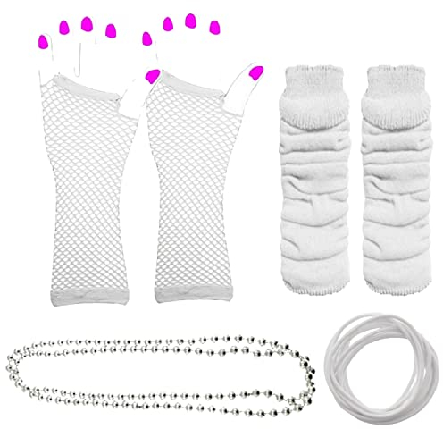 Lizzy Neon Colour Leg Warmers + Fishnet Gloves + Gummy Bracelet + Beads Necklace Set Rainbow Florescent Stripe | 80s Neon Teen Fancy Dress Dance ware Hen Party Tutu Accessory (White)