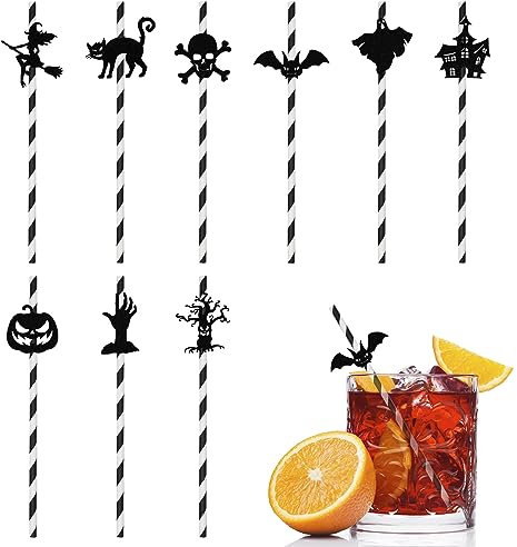 ALLY-MAGIC Halloween Themed Paper Straws, Black White Biodegradable Drinking Straws in Stripes Ghost Pumpkins Bats Skulls Spider Web Pattern for Halloween Christmas Kid Party Supplies Y6-AHXG