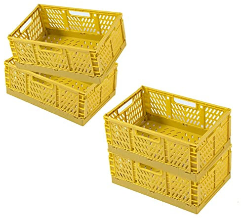 Klappboxen Faltbar Stabil, 4 Stück Klappboxen mit Tragegriff zum Einfachen Transport, 43 * 29 * 16,7 cm, Klappkiste Geeignet für Büro, Schlafzimmer, Badezimmer, Raum Aufgeräumt zu Halten, Gelb