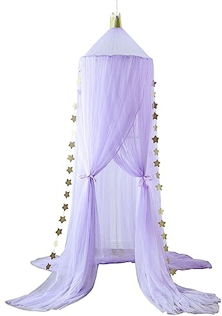 Surwin Betthimmel Madchen Jungen Babybett Doppelbett, Krone Moskitonetz Baldachin Kinderzimmer Einzelbett Himmel Schlafzimmer Dekoration Spielzelte Kinder Geschenk Ohne Bohren (Lila)
