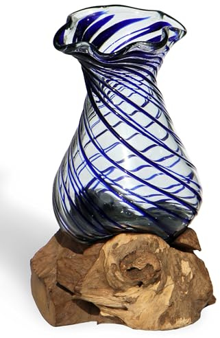 Wogeka - Glas Vase Venezia auf Wurzel-Holz - im modernen Style als Geschenk-Idee zu Weihnachten Geburtstag zur Dekoration (Blau M)