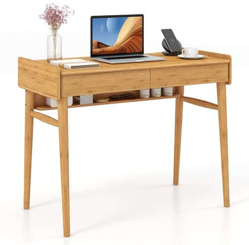 COSTWAY Bamboo Computer Desk, 100cm Study Table Writing Workstation with 2 Storage Drawers, Open Shelf & Cable Management Slot, Modern PC Laptop Table Gaming Working Desk for Home Office Bedroom
