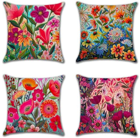 Vonluxeshop Kissenbezug 4er Set Leinen Outdoor Kissen Bunt Blume Sofakissen Dekorative Kissenbezüge mit Verstecktem Reißverschluss für drinnen und draußen Perfekte Deko Kissen (45x45cm)