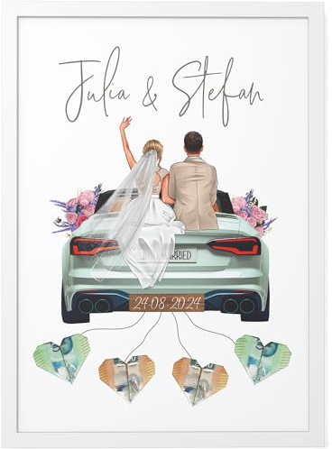 Papierschmiede® Personalisiertes Geldgeschenk Hochzeit | DIY Hochzeitsgeschenke für Brautpaar | ECHTES PAAR | A4 Poster mit Rahmen Hochzeitsauto Geld Geschenk Bild „New Car“