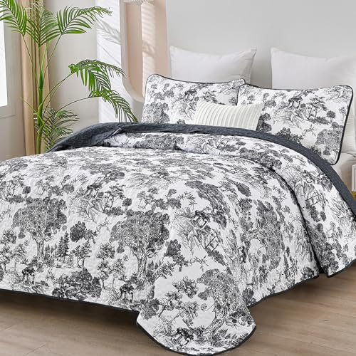 WONGS BEDDING Botanical Quilt Set King Size, Black 3 Pieces Toile Floral Plants Printed Bedspread Bedding Set Soft Lightweight Microfiber Coverlet Set for All Season (104x90)