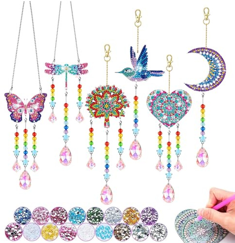 shajiahao Diamond Painting Sonnenfänger Windspiel DIY Bastelsets, 6 Stück 5D Doppelseitiges Diamond Anhänger, Kreatives Geschenke für Fensterdeko Gartendeko Bastelhandwerk Zuhause Büro