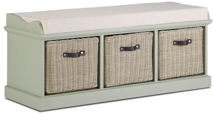 Tetbury Storage Bench with 3 Baskets and Cushion Seat (W112cm H46cm D40cm) | Fully Assembled Hallway Bedroom 3 Seater Bench Storage Unit (sage green)