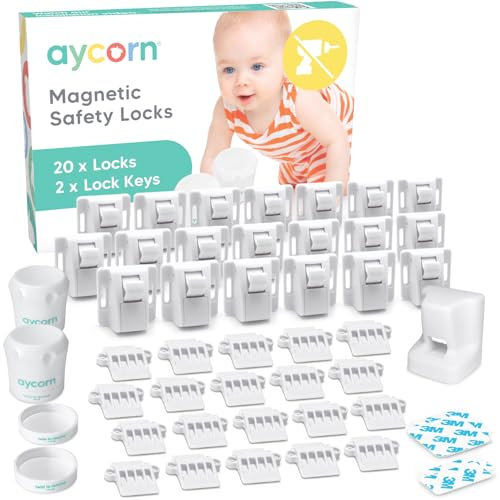Aycorn Magnetisches Schrankschloss für Kinder & Babys - Kindersicherung Schrank, Schubladen - Schranksicherung Baby ohne Bohren - Einfache Montage mit BONUS Video - 20 Schlösser, 2 Schlüssel