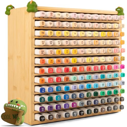 VexNook 144 Slots Bamboo Art Markers Storage Rack – Solid Wood Desk Organiser, Pen Organiser for Various Markers, Brushes, Pen & Pencils, No Assembly Required (with 4 Dinosaur Protectors)