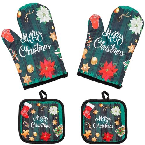 2 Sets of Christmas Decorative Oven Gloves Kitchen Heat Resistant with Non-Slip Heat Mat, Oven Gloves, Christmas Pattern Oven Gloves