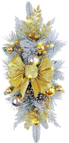 Swags, Christmas Teardrop Swags with LED Lights 24 Gold Flocked Christmas Wreath with Nice Bow, Yellow & White Balls Wreaths and Garlands for Front Door Wall Window Stair