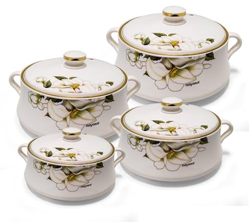 AKH Insulated Casserole Dishes | Serving Dishes With Lid | Stainless Steel Inner | Keep Food Warm | Thermal Food Container | Hot Pot | (White, SET OF 4)