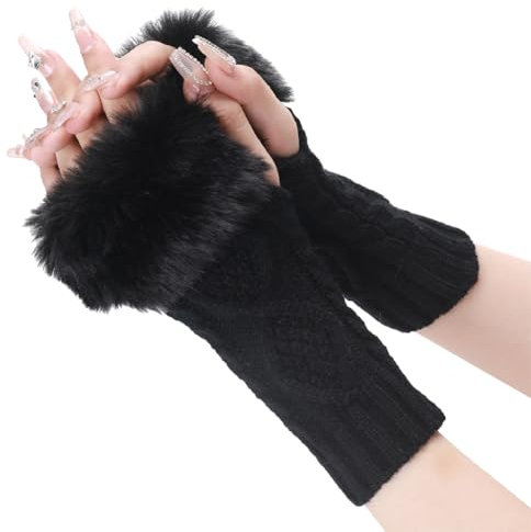 CABODYALS 2 Pairs Black Fur Fingerless Gloves Fluffy Gloves Winter Knit Soft Arm Warmers Thumb Hole Gloves with Faux Fur Hand Wrist Knitted Warmer Mittens for Women Typing Driving Halloween