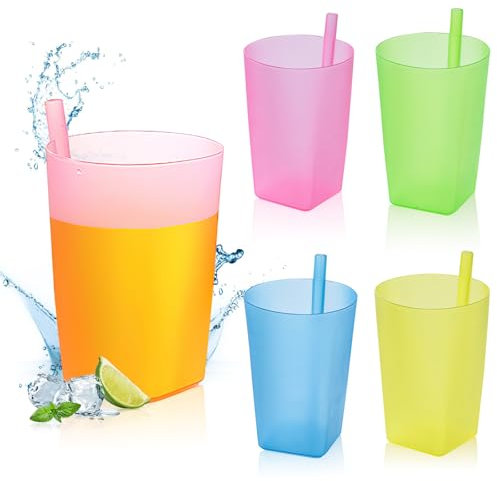 Hyran 4 Stück Becher, Kunststoff, wiederverwendbar, Kinderbecher, bunte Becher mit integriertem Strohhalm, bunte Kunststoffbecher, integrierte Strohhalmbecher, BPA-frei (460 ml)