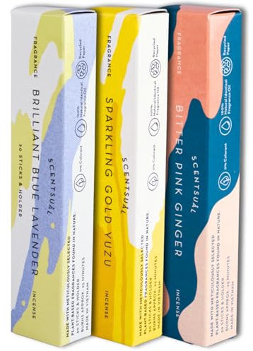 Nippon Kodo Scentsual Japanische Räucherstäbchen Set mit Halter - Sonnige Gelassenheit Yuzu, Lavendel & Rosa Ingwer Wohltuende Frische & Wärme