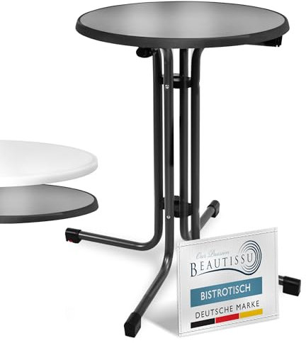 Beautissu Bistrotisch Outdoor Rund Ø 60 cm – Beistelltisch Balkontisch Stabiler Gartentisch Rund Klappbar 70 cm hoch – Campingtisch Partytisch Esstisch Gastro – Schwarz Bistroni