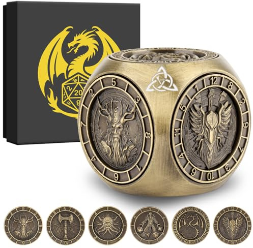 DND Fingertip Spinner Würfel, 7-in-1 Metall Würfel Set mit 3D Relief, D&D Polyedrische Rotierende Spielwürfel, DND Geschenke mit Drachen Logo Geschenkbox, RPG, Rollenspiel Brettspielzubehör, Bronze