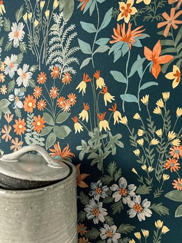 Newroom Vliestapete Blau Blumentapete Floral Boho Schlafzimmer | Petrolblauer Fond, salbeigrüne Blätter, orangefarbene und gelbe Blüten, matte Oberfläche, Mustertapete Wohnzimmer Flur