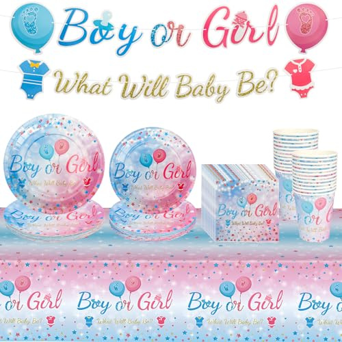 Bomtop 122 Pcs Gender Reveal Party Decorations, Set Stoviglie Carta per Feste, Baby Shower Decorazioni, Boy or Girl Decorazioni, Forniture Feste Baby Shower, per 24 Ospiti