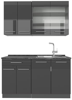 Vicco Singleküche Fame-Line, Anthrazit Hochglanz, 140 cm | 4 Module · Höhenverstellbare Füße · Arbeitsplatte Anthrazit · MDF-Fronten · Softclose · Metallgriffe