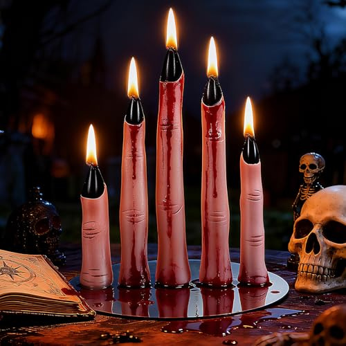 Halloween Deko Kerzen Gruselig - Halloween Tischdeko für Outdoor Innen Garten Party, Deko Zubehör Horror Draußen Außen mit Spiegelsockel, Fingerkerze Dekoration Gartendeko(5 Stück)